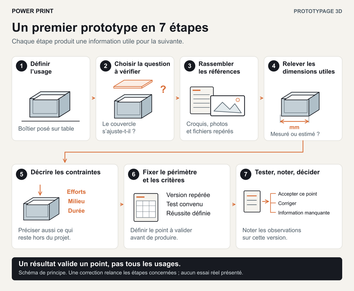 Les sept étapes de préparation d’un prototype : usage, question à vérifier, références, dimensions, contraintes, périmètre et critères, puis essai et décision.