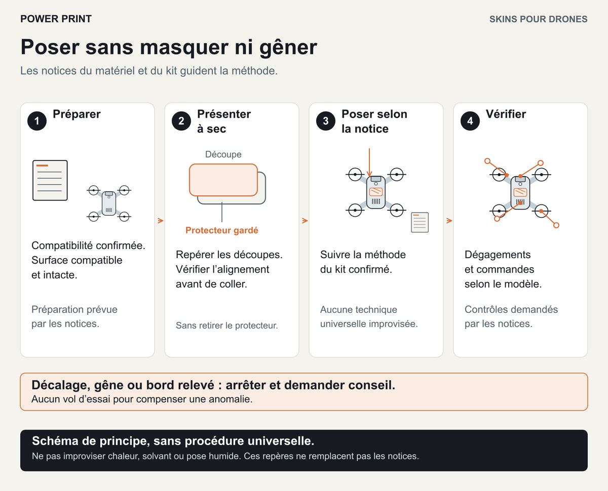 Parcours en quatre étapes : préparer le matériel, présenter les éléments à sec, poser selon la notice et vérifier les dégagements avant utilisation.