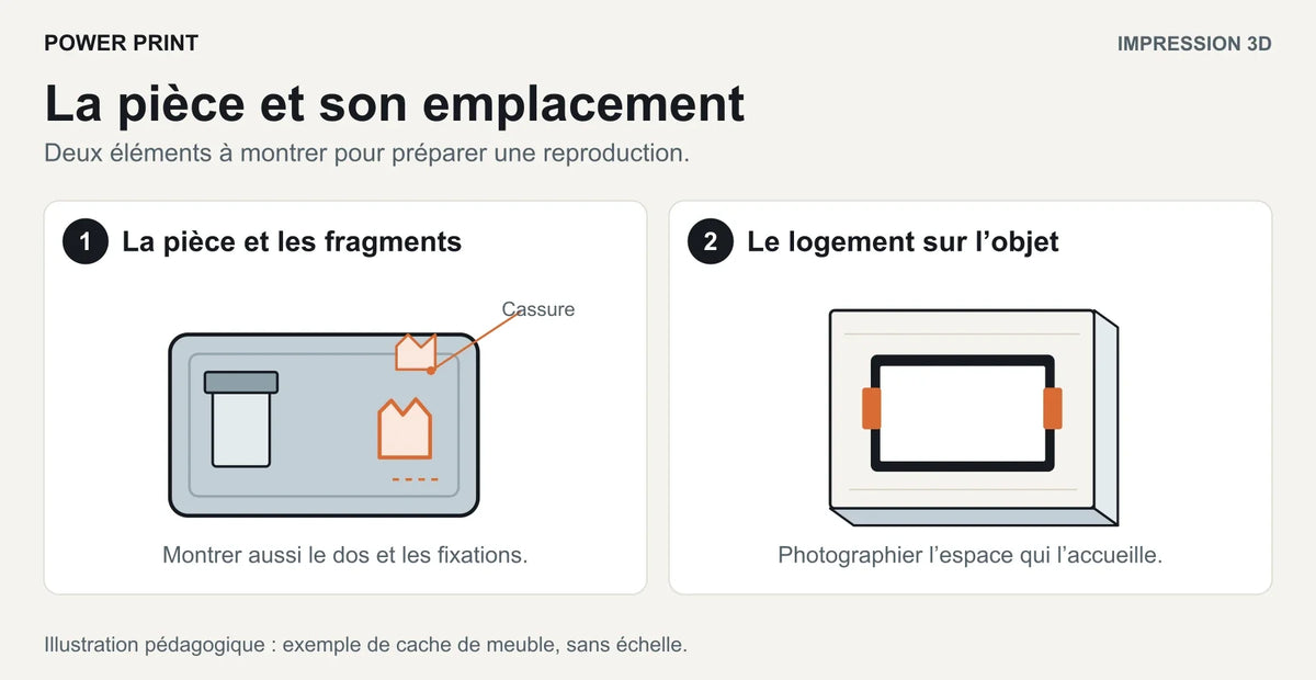 Schéma d’un cache de meuble cassé, de ses fragments et de l’ouverture qui doit l’accueillir.